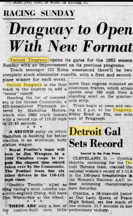 gil kohn announces new format March 31 1963 Detroit Dragway, Brownstown Twp